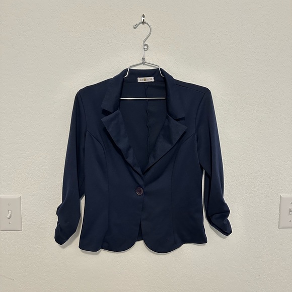 Auline Collection Navy 3/4 Sleeve Scrunch arm 1 button Blazer - Picture 1 of 7